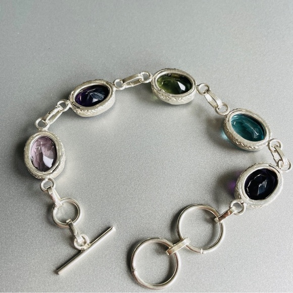 Multi Colored Cubic Zirconia Ornate Oval Link Sterling Silver Toggle Bra… - Picture 6 of 10